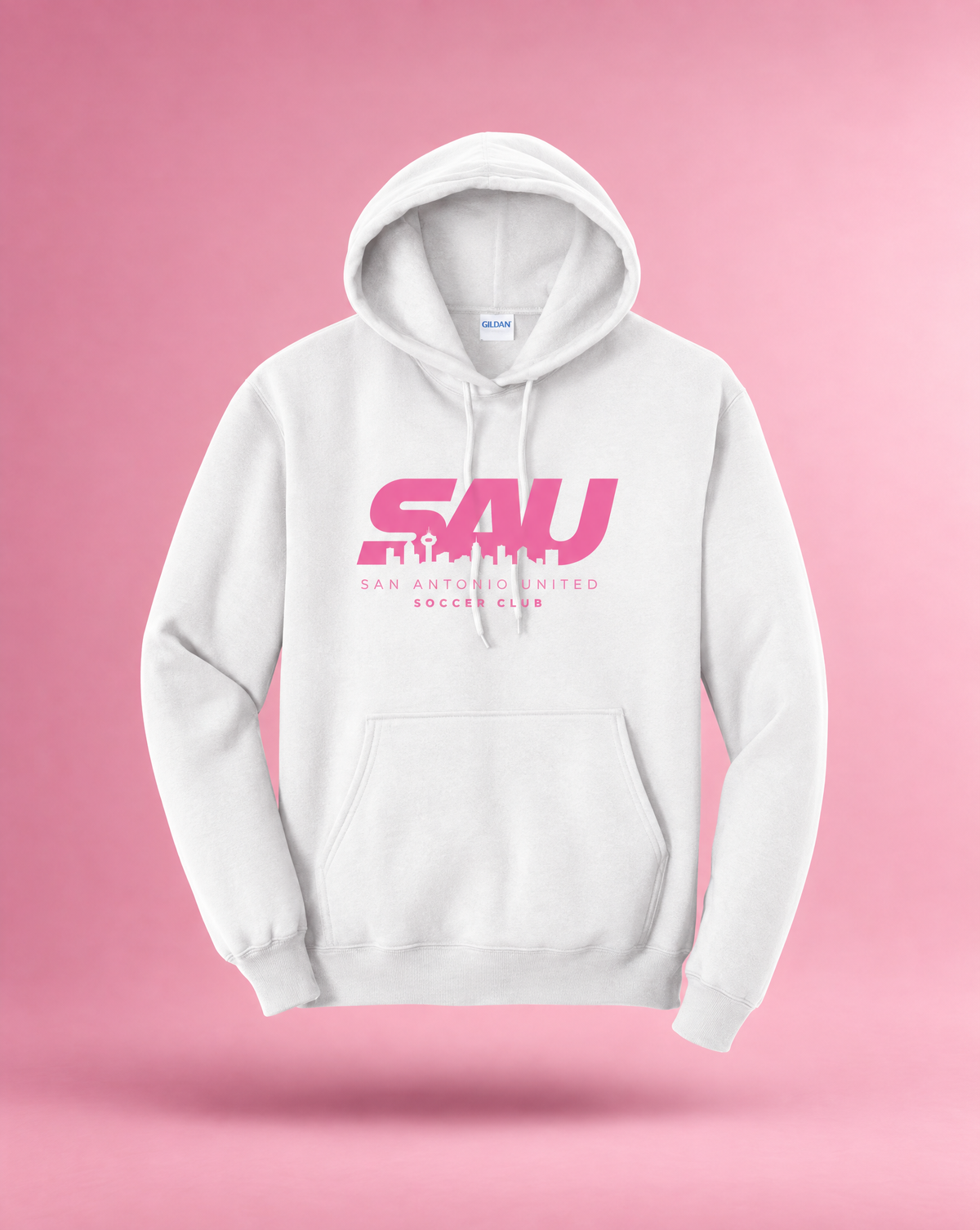 San Antonio United white cityscape hoodie with pink logo, front view