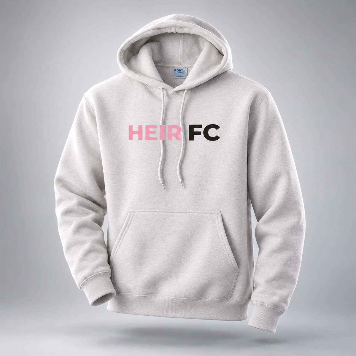 Gray hoodie with 'HEIR FC' text on a white background