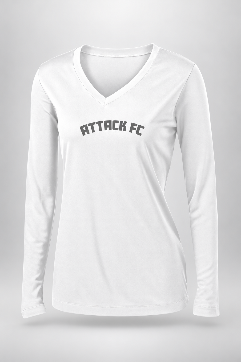 Attack FC | Ladies PosiCharge Competitor Long Sleeve V-Neck Tee – White, front view
