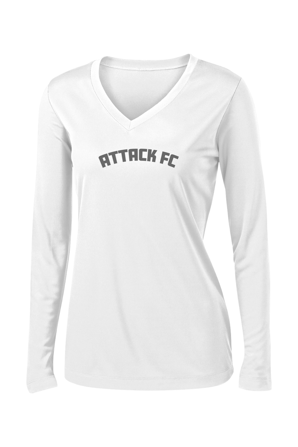 Attack FC | Ladies PosiCharge Competitor Long Sleeve V-Neck Tee – White, front view