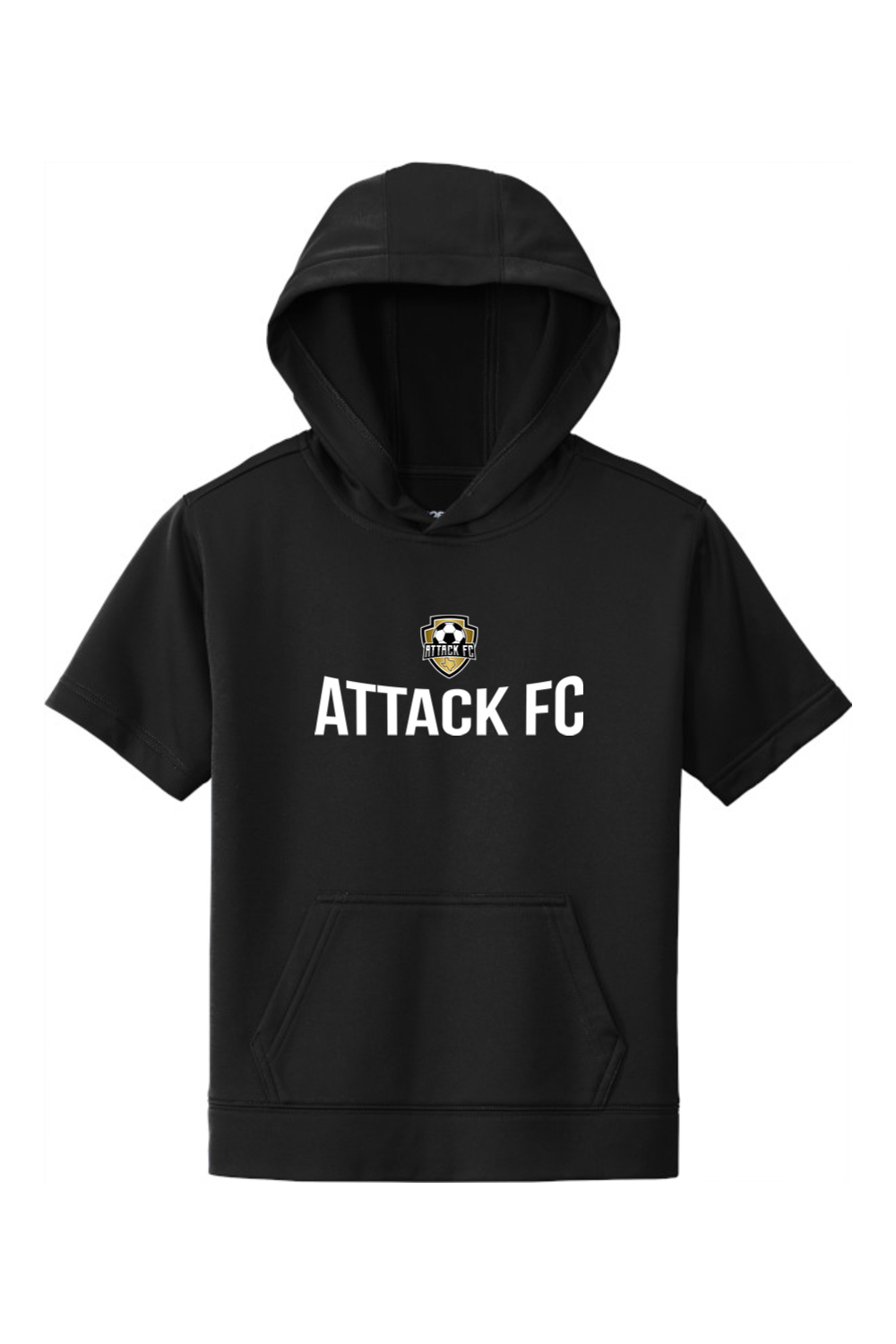 Attack FC | Youth Sport-Wick Fleece Short Sleeve Hoodie – Black, front view