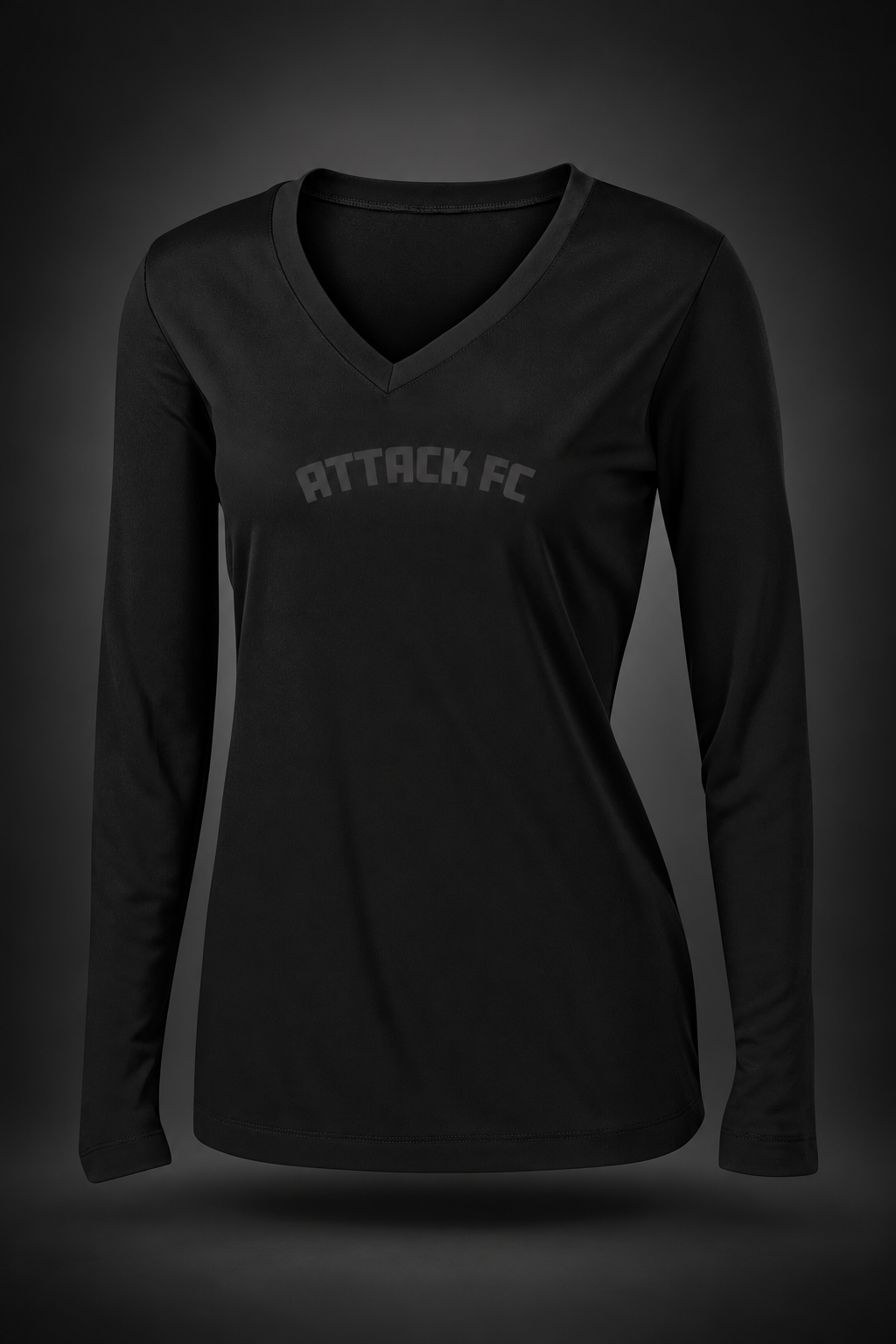 Attack FC | Ladies PosiCharge Competitor Long Sleeve V-Neck Tee – Black, front view
