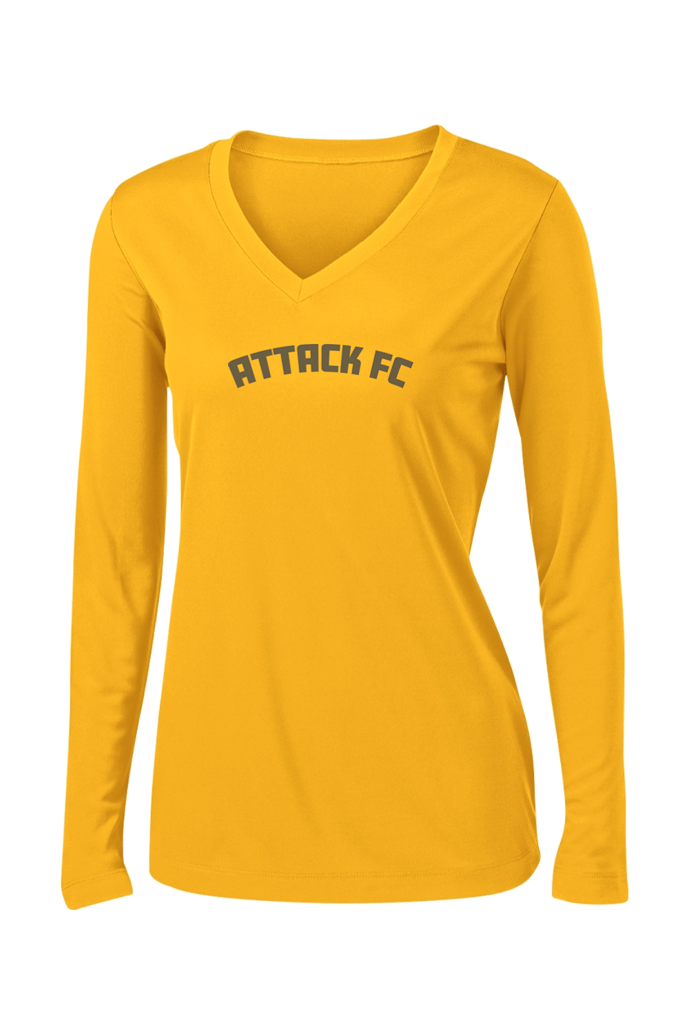 Attack FC | Ladies PosiCharge Competitor Long Sleeve V-Neck Tee – Gold, front view