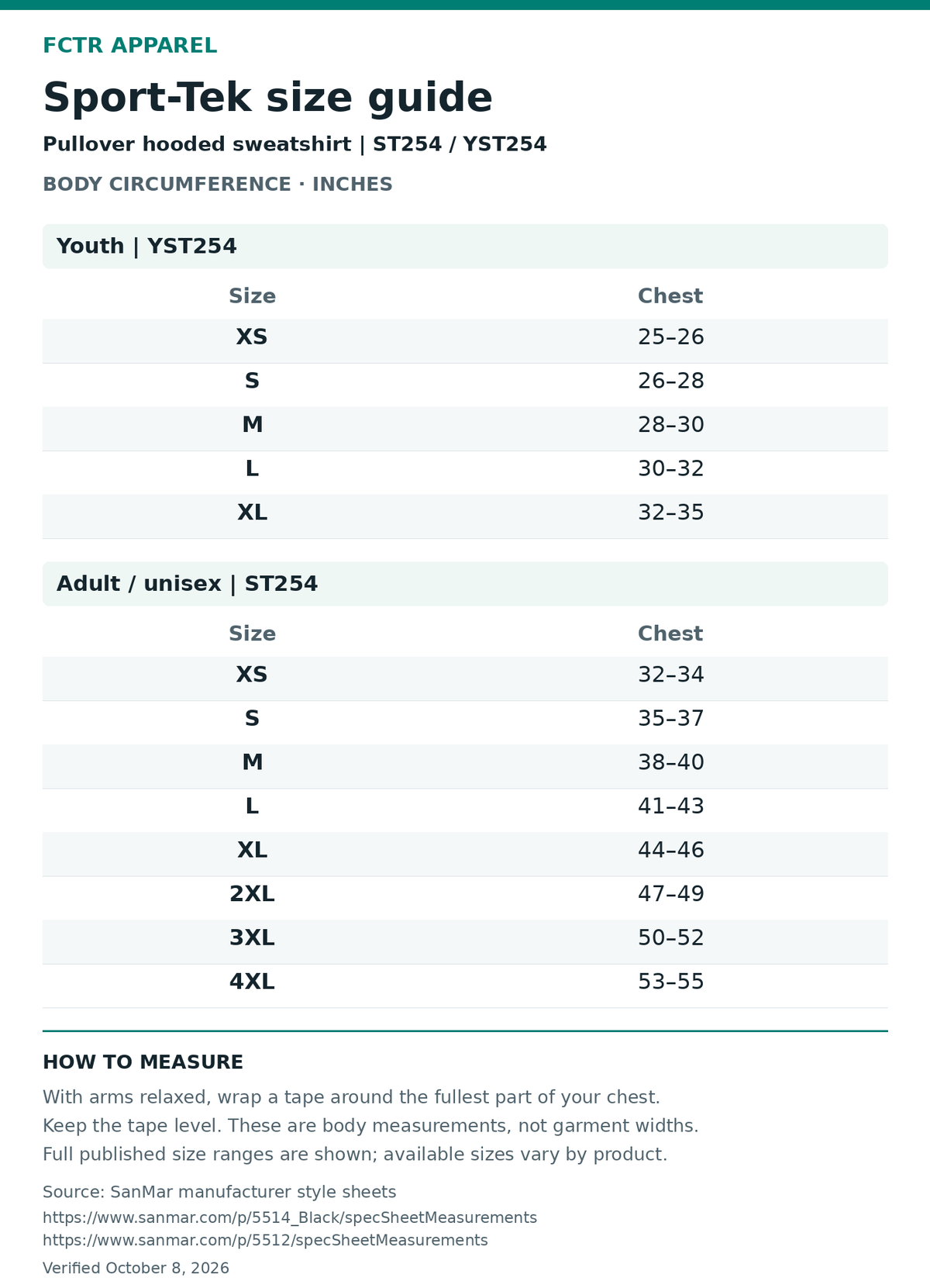 FCTR Sport-Tek ST254 adult/unisex and YST254 youth pullover hooded sweatshirt size guide. Body chest circumference in inches. Full youth XS–XL and adult XS–4XL ranges. SanMar style sheets verified October 8, 2026.