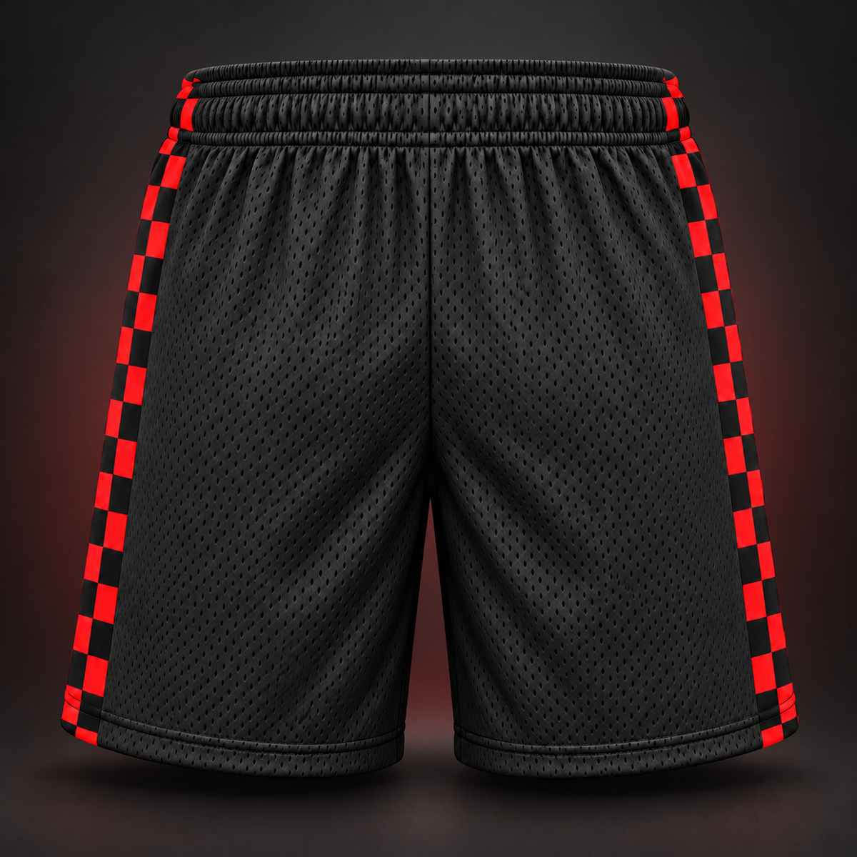 Rear view of charcoal youth Krum County United mesh shorts, showing the checker side-panel continuation.