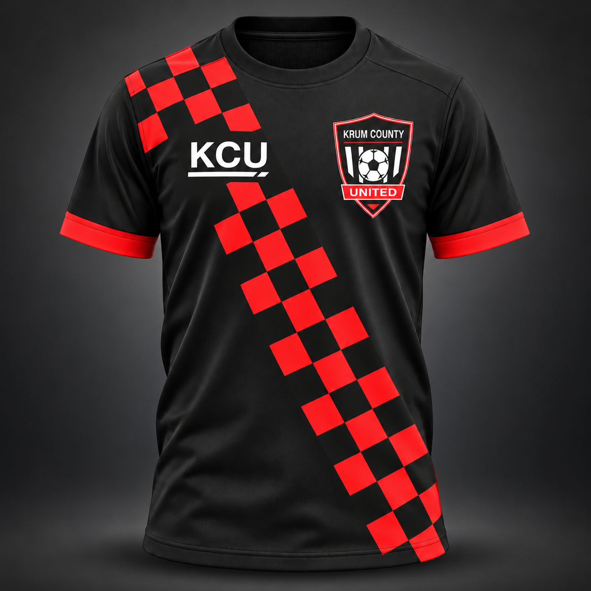 Black youth Krum County United training jersey with a diagonal red checker sash, crest, and KCU mark.