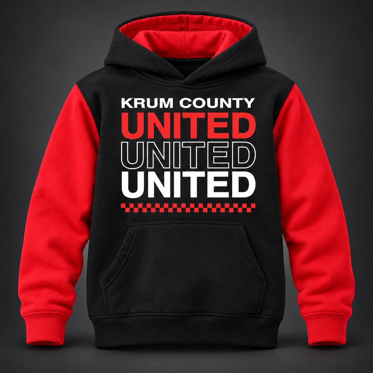 Black and red youth Krum County United hoodie with stacked UNITED lettering and no neck drawcord.