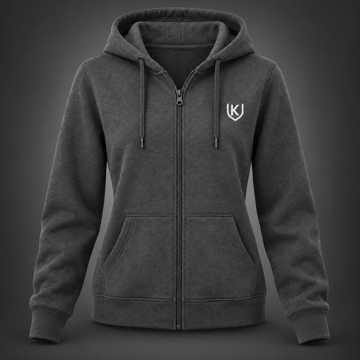 Charcoal women's full-zip hoodie with a small white embroidered K-shield on the left chest.