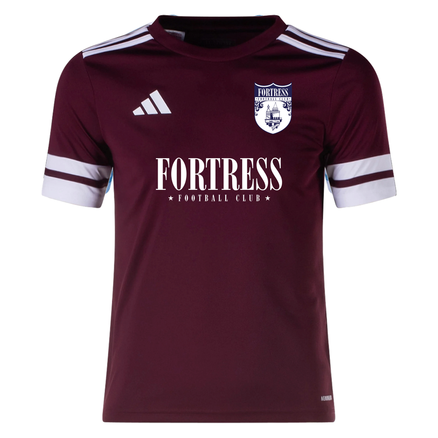 Maroon sports jersey with white accents and 'Fortress Football Club' branding on a white background