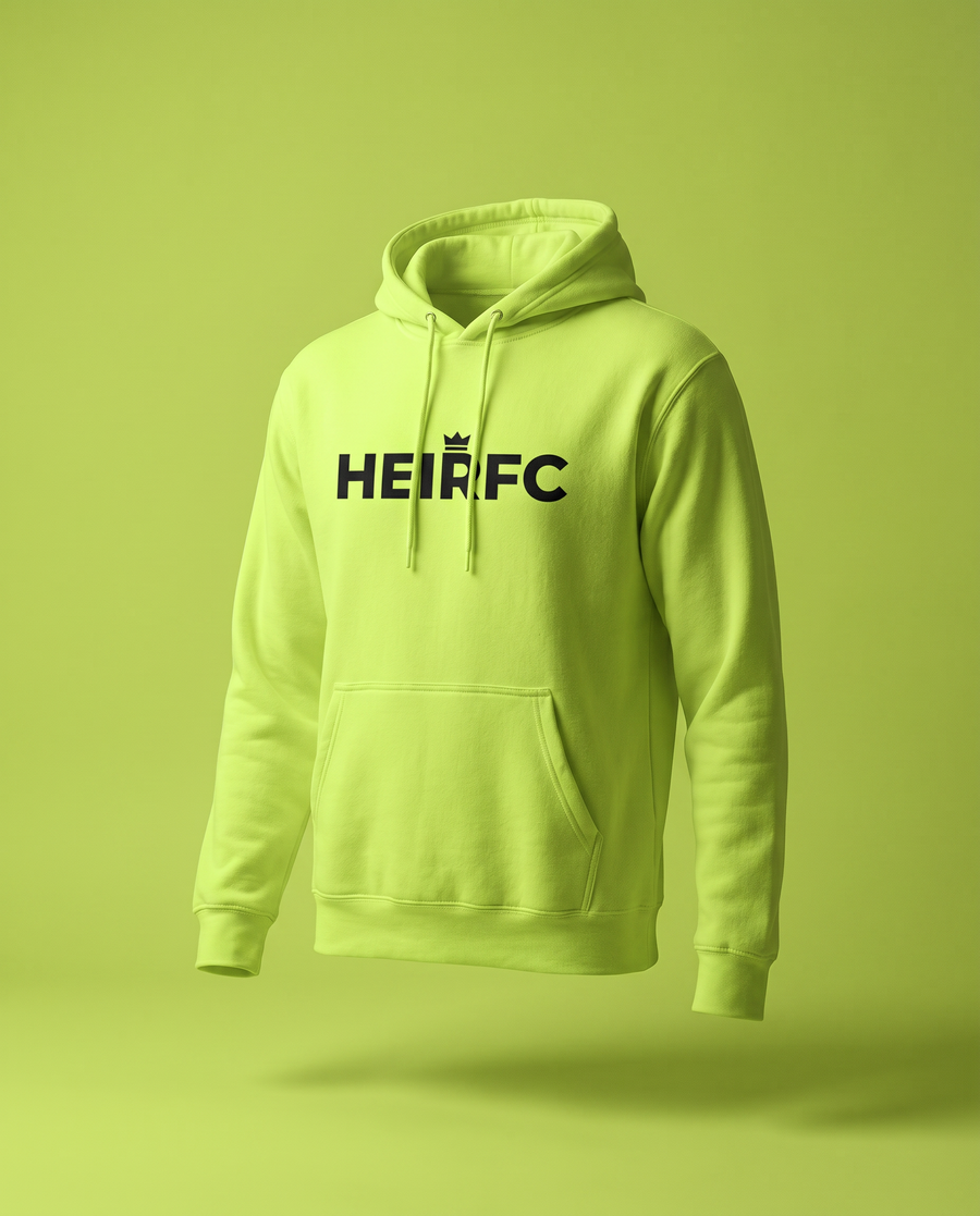 Neon green hoodie with 'HEIRFC' text on a matching green background