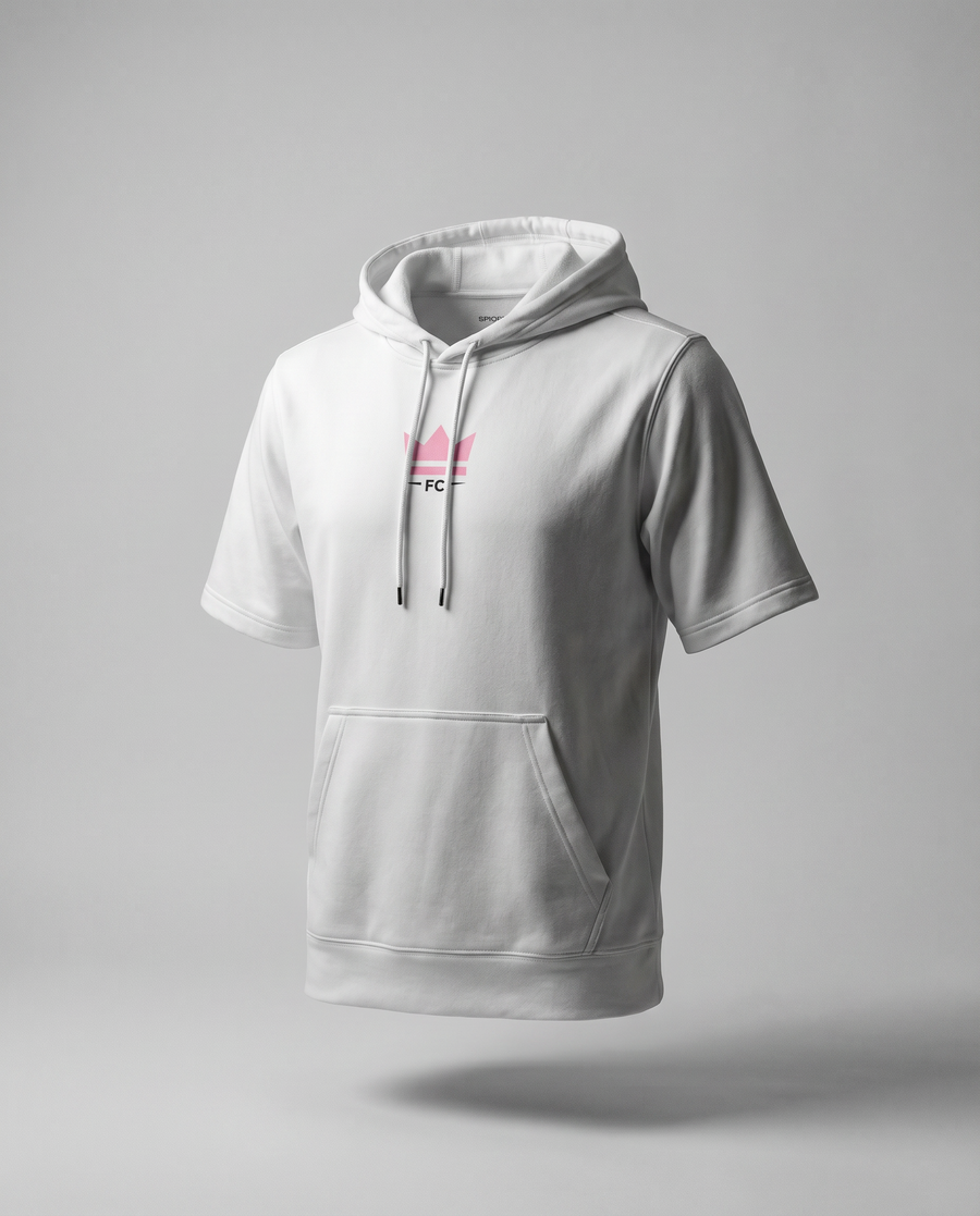Gray hoodie with brand logos on a gray background