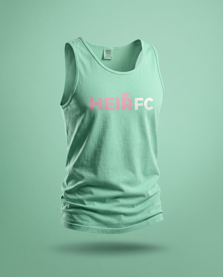 Mint green tank top with 'HEIRFC' text on a light green background