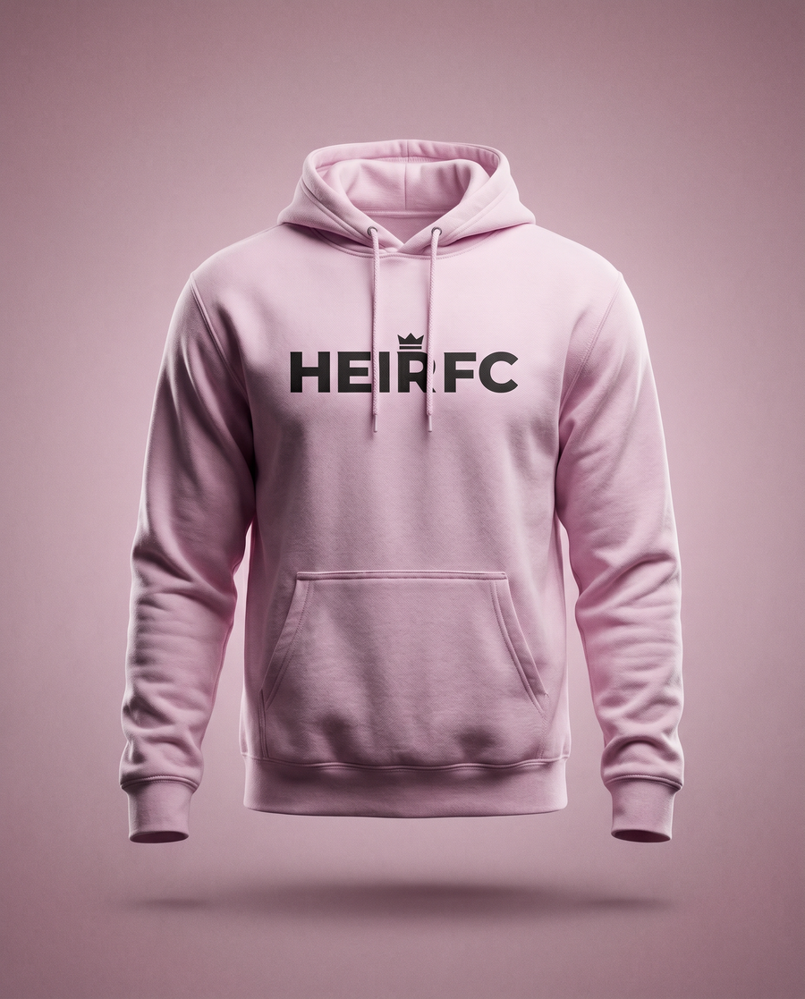 Pink hoodie with 'HEIRFC' logo on a pink background