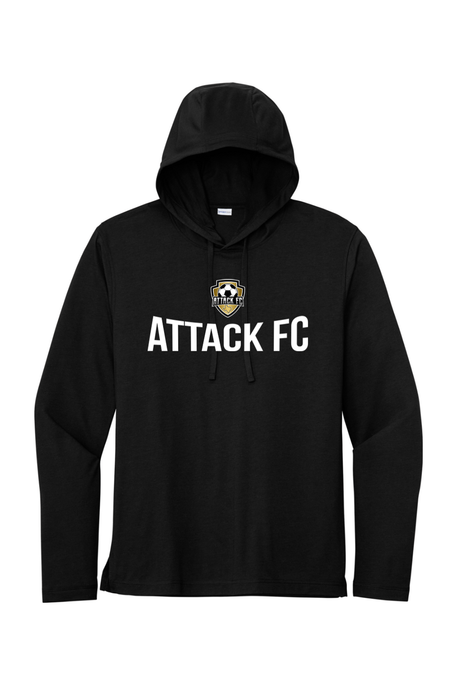 Attack FC | Sport-Tek PosiCharge Tri-Blend Wicking Long Sleeve Hoodie – Black, front view