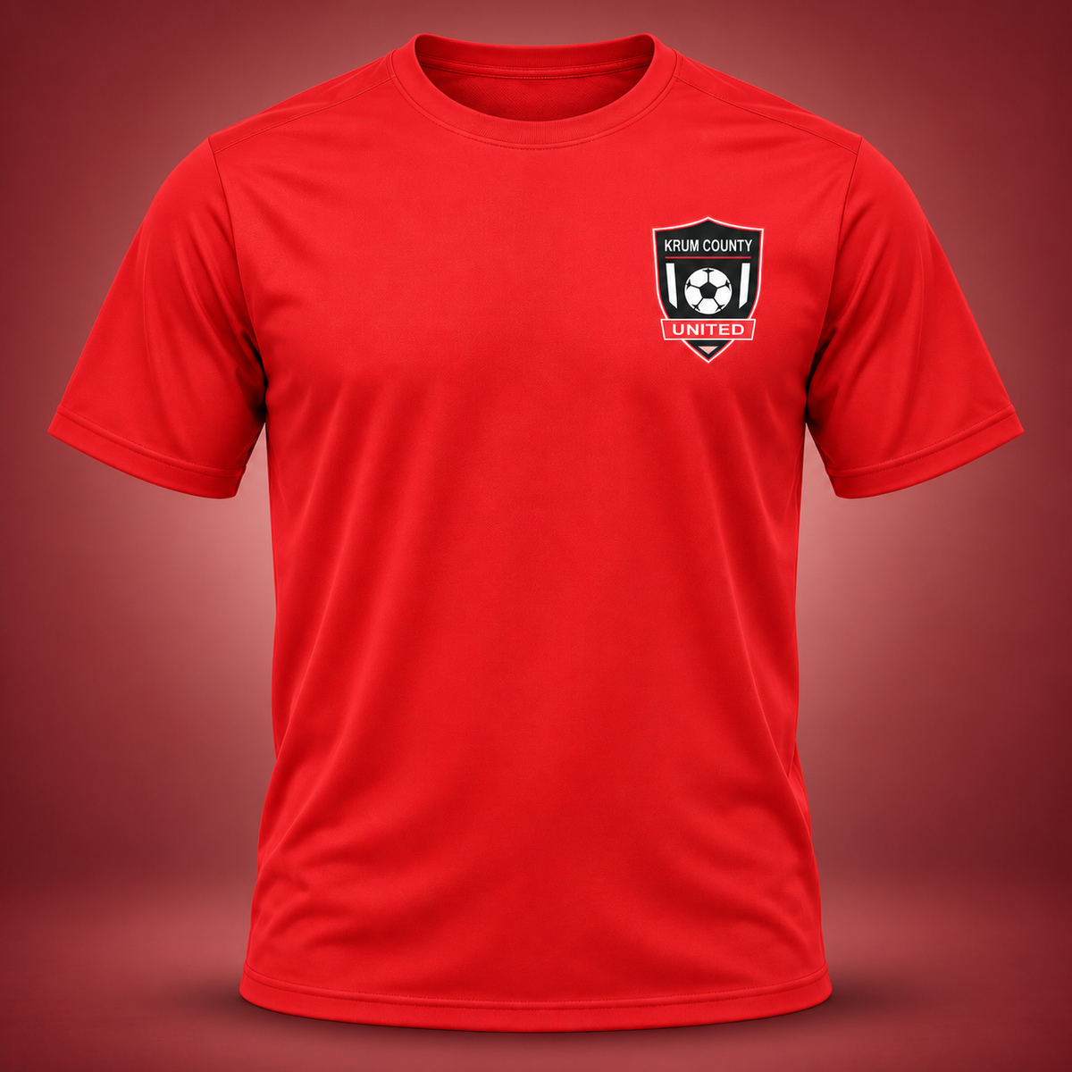 Red men's athletic-style T-shirt with the Krum County United crest on the left chest.