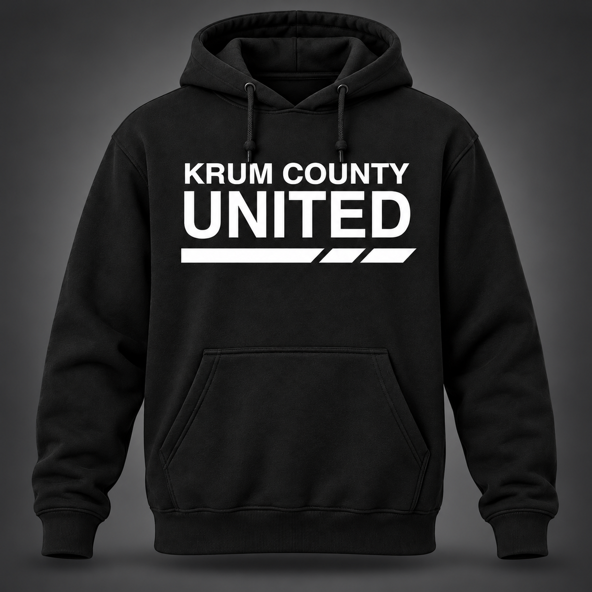 Black men's pullover hoodie with bold white Krum County United lettering and a segmented underline.
