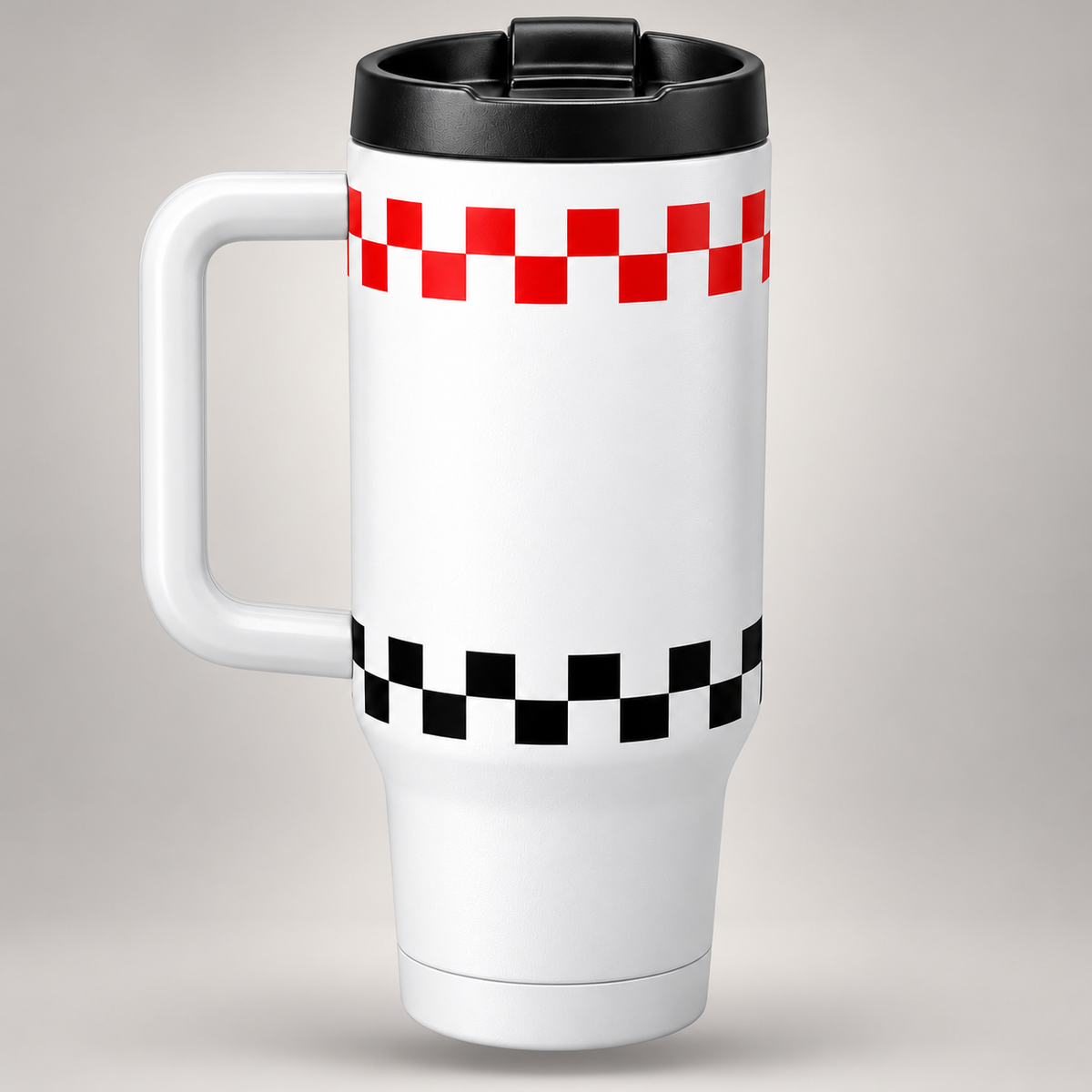 Rear view of the white handled Krum County United tumbler with continuous checker bands and a blank center.
