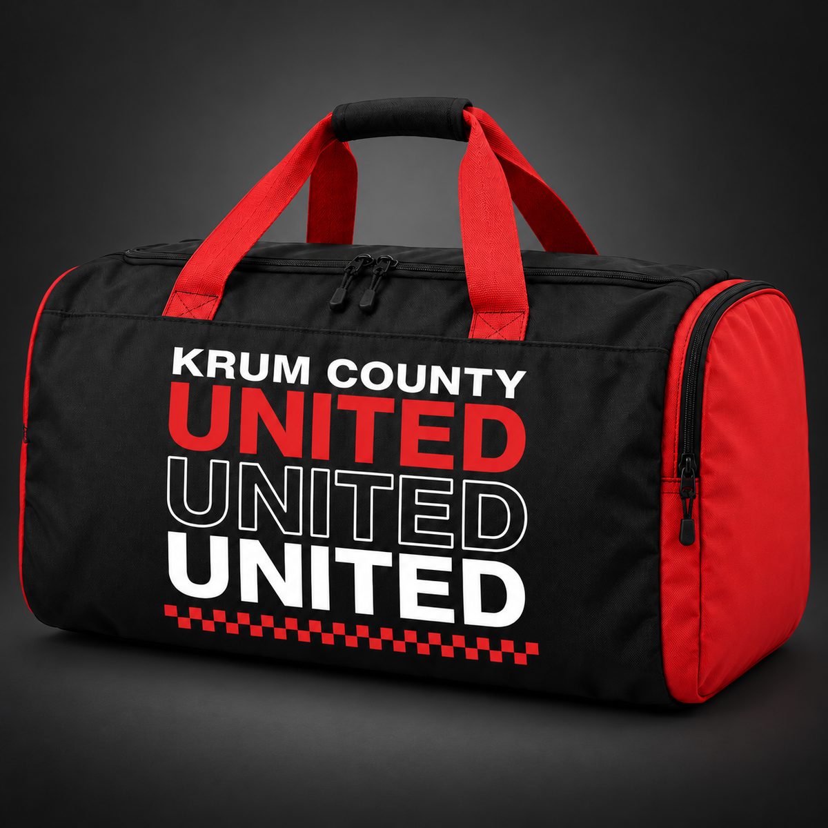Black and red Krum County United duffel with large stacked UNITED lettering on its side.