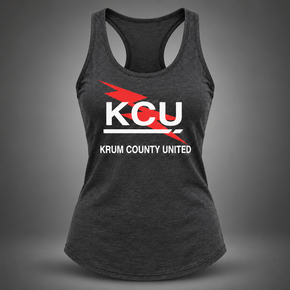 Charcoal Krum County United racerback tank with a red bolt and large white KCU graphic.