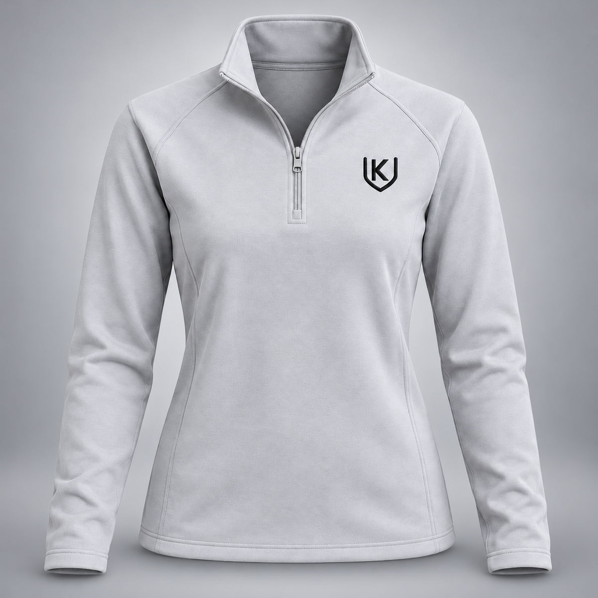 Light-grey women's quarter-zip pullover with a small black K-shield embroidered on the left chest.